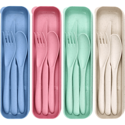 4 Pack Reusable Travel Utensils Set with Case, Wheat Straw Portable Knife Fork Spoons Tableware, Eco-Friendly Cutlery for Kids Adults Travel Picnic Ca